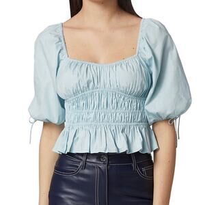 STAUD Blouse Light Blue Faye Gathered Puff-Sleeve Cotton Stretch New